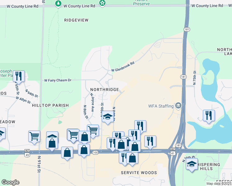 map of restaurants, bars, coffee shops, grocery stores, and more near 9045 North Northridge Mall Road in Milwaukee