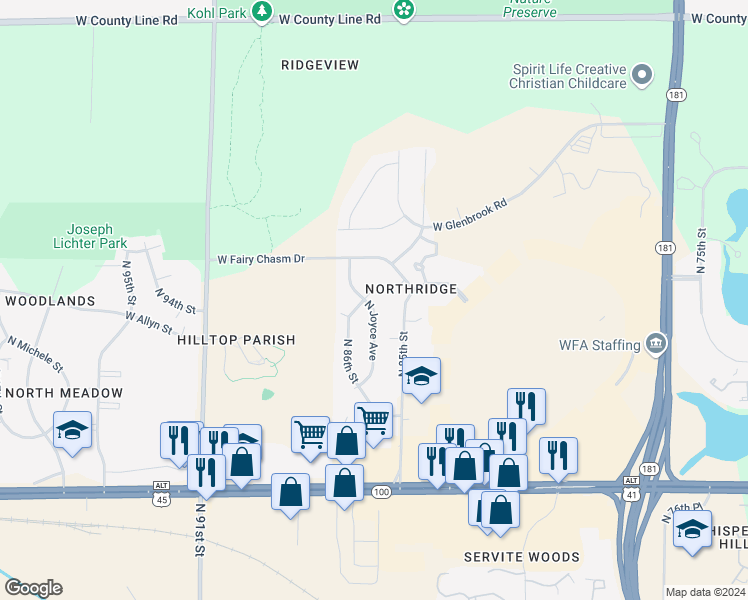 map of restaurants, bars, coffee shops, grocery stores, and more near 9116 North Joyce Avenue in Milwaukee