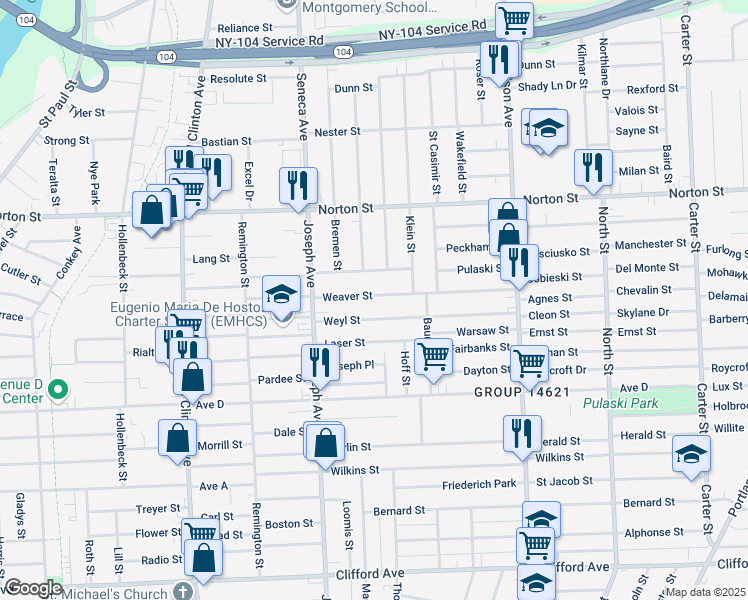map of restaurants, bars, coffee shops, grocery stores, and more near 187 Weaver Street in Rochester