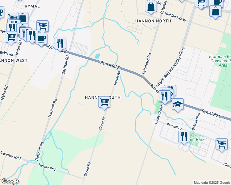 map of restaurants, bars, coffee shops, grocery stores, and more near 53 Glover Road in Hamilton