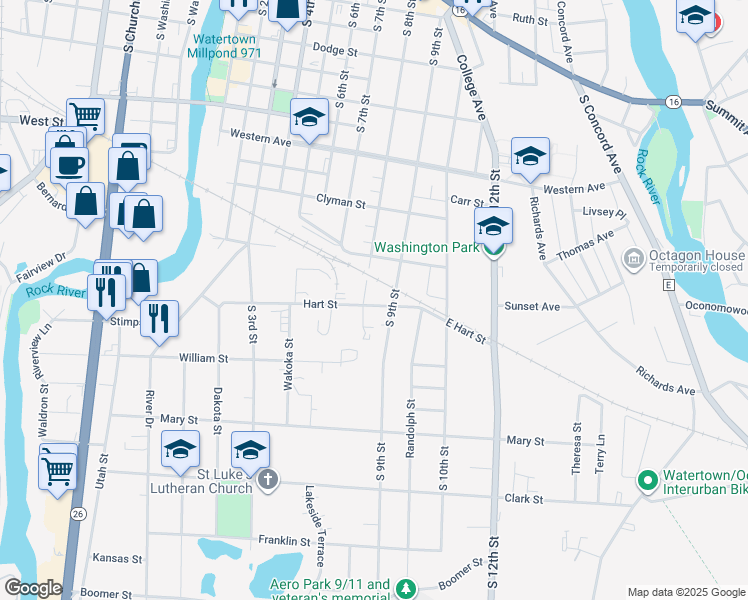 map of restaurants, bars, coffee shops, grocery stores, and more near 1119 South 8th Street in Watertown