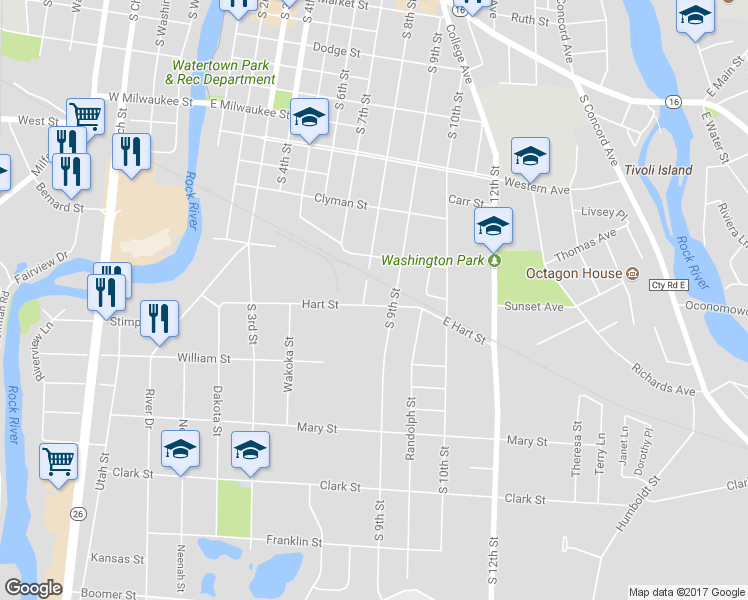 map of restaurants, bars, coffee shops, grocery stores, and more near 1119 South 8th Street in Watertown