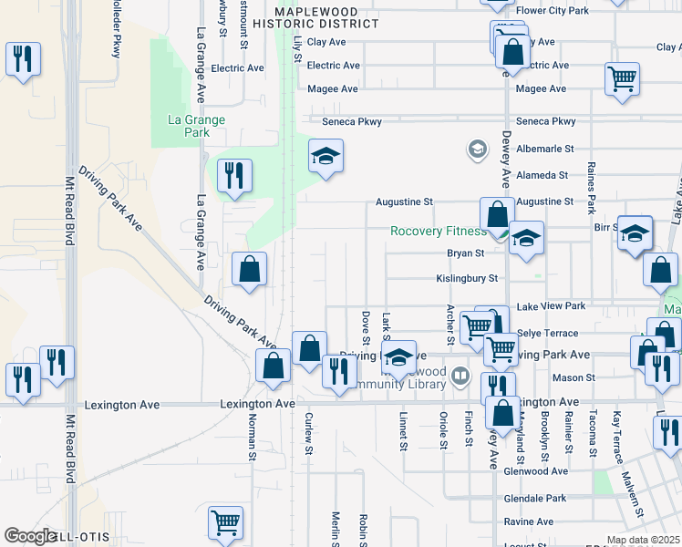 map of restaurants, bars, coffee shops, grocery stores, and more near 211 Bidwell Terrace in Rochester