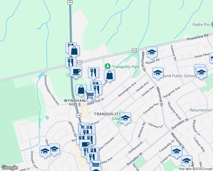 map of restaurants, bars, coffee shops, grocery stores, and more near 11 Fox Run in Brantford