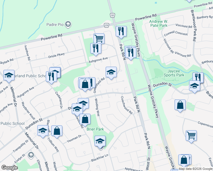 map of restaurants, bars, coffee shops, grocery stores, and more near 10 Southglen Road in Brantford
