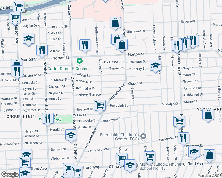 map of restaurants, bars, coffee shops, grocery stores, and more near 49 Delamaine Drive in Rochester