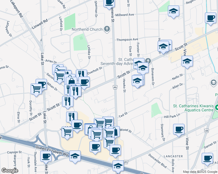 map of restaurants, bars, coffee shops, grocery stores, and more near in St. Catharines