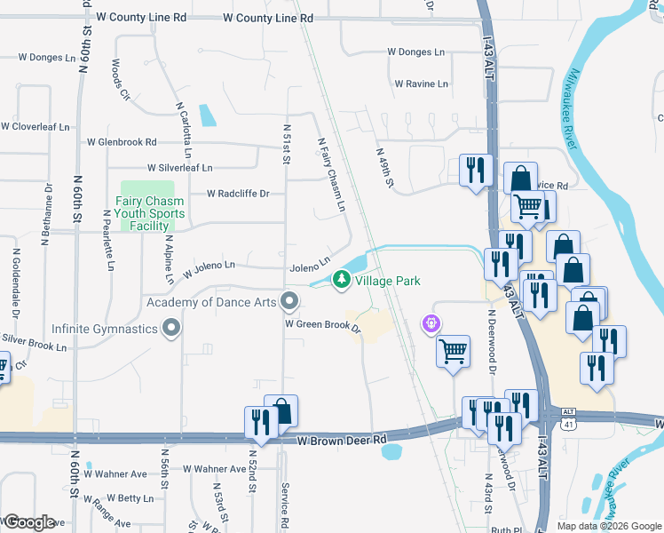 map of restaurants, bars, coffee shops, grocery stores, and more near 4951 West Joleno Lane in Brown Deer