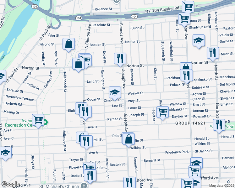 map of restaurants, bars, coffee shops, grocery stores, and more near 63 Weaver Street in Rochester