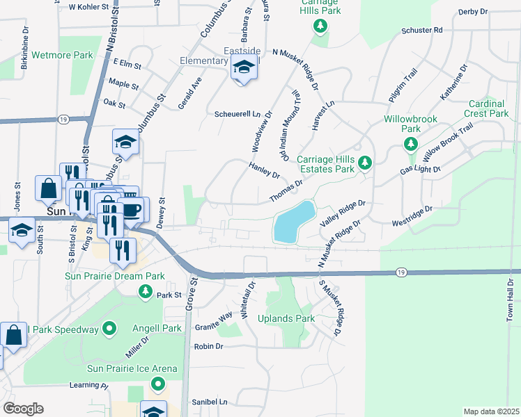 map of restaurants, bars, coffee shops, grocery stores, and more near 737 Thomas Drive in Sun Prairie