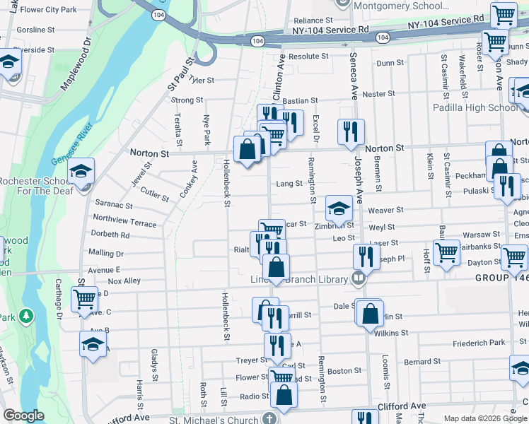 map of restaurants, bars, coffee shops, grocery stores, and more near 1309 North Clinton Avenue in Rochester