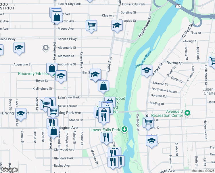 map of restaurants, bars, coffee shops, grocery stores, and more near 1006 Lake Avenue in Rochester