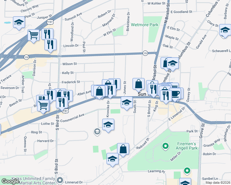 map of restaurants, bars, coffee shops, grocery stores, and more near 326 West Main Street in Sun Prairie