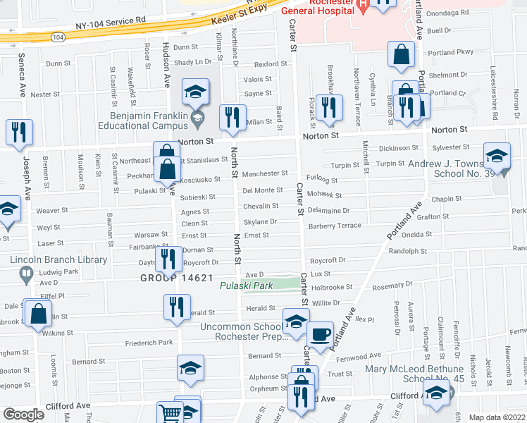 map of restaurants, bars, coffee shops, grocery stores, and more near 70 Skylane Drive in Rochester