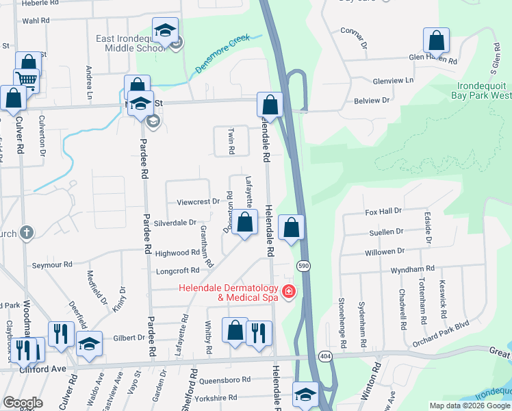 map of restaurants, bars, coffee shops, grocery stores, and more near 671 Helendale Road in Irondequoit