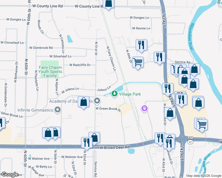 map of restaurants, bars, coffee shops, grocery stores, and more near 4951 West Joleno Lane in Brown Deer