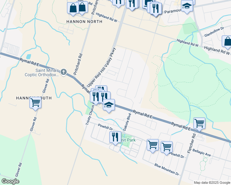map of restaurants, bars, coffee shops, grocery stores, and more near 79 Columbus Gate in Hamilton