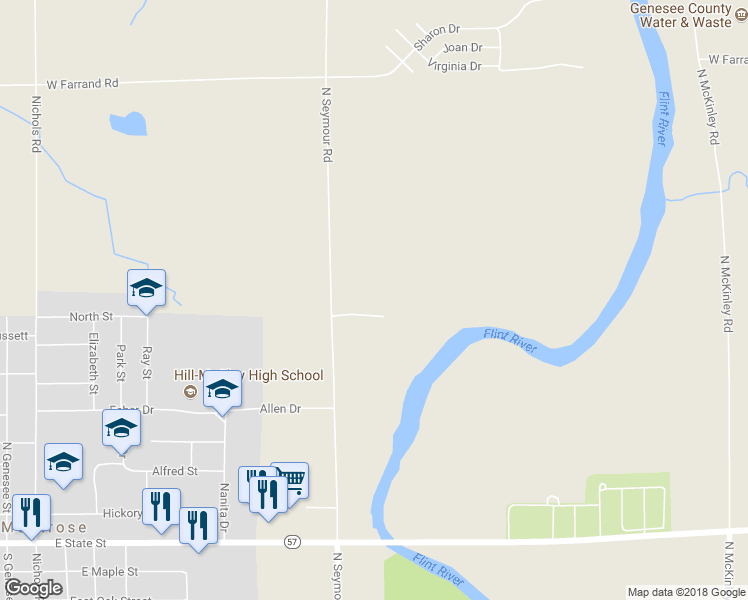map of restaurants, bars, coffee shops, grocery stores, and more near 12266 Seymour Road in Montrose