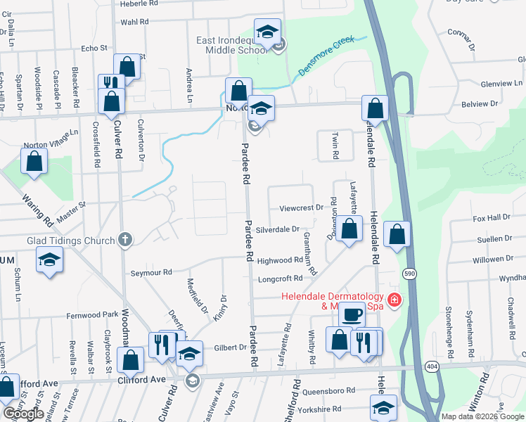 map of restaurants, bars, coffee shops, grocery stores, and more near 7 Viewcrest Drive in Rochester