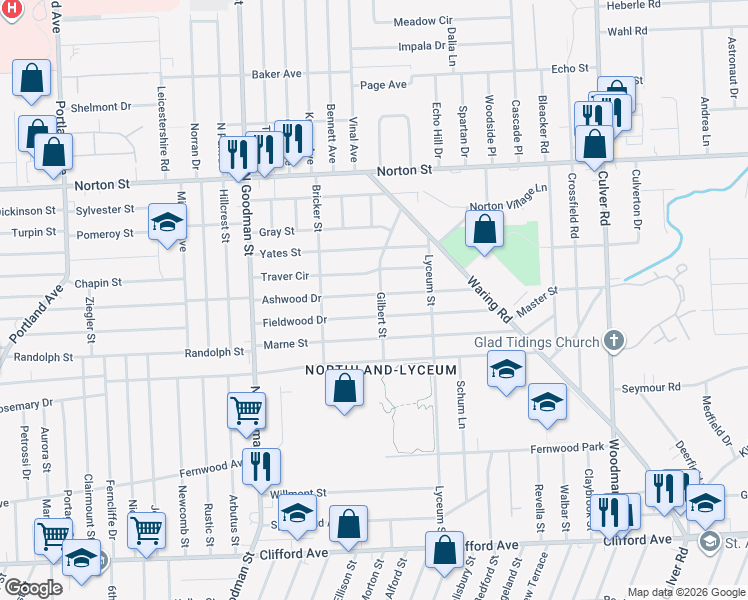 map of restaurants, bars, coffee shops, grocery stores, and more near 180 Fieldwood Drive in Rochester