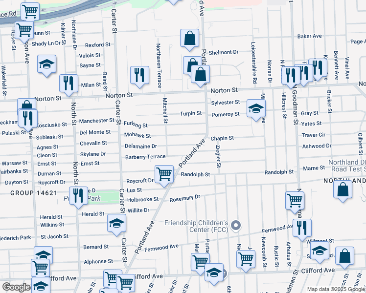 map of restaurants, bars, coffee shops, grocery stores, and more near 12 Barberry Terrace in Rochester