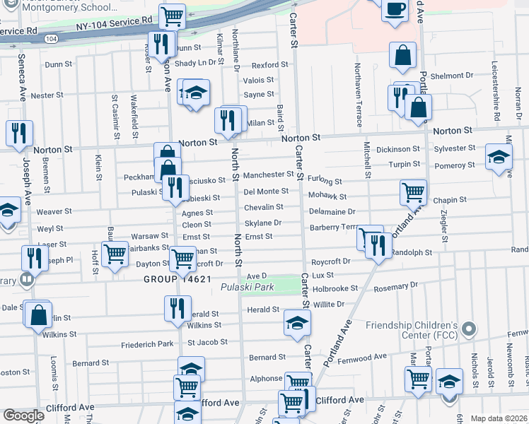 map of restaurants, bars, coffee shops, grocery stores, and more near 70 Skylane Drive in Rochester