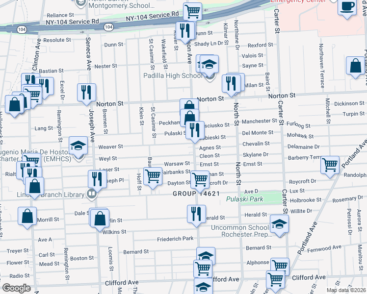 map of restaurants, bars, coffee shops, grocery stores, and more near 250 Weyl Street in Rochester