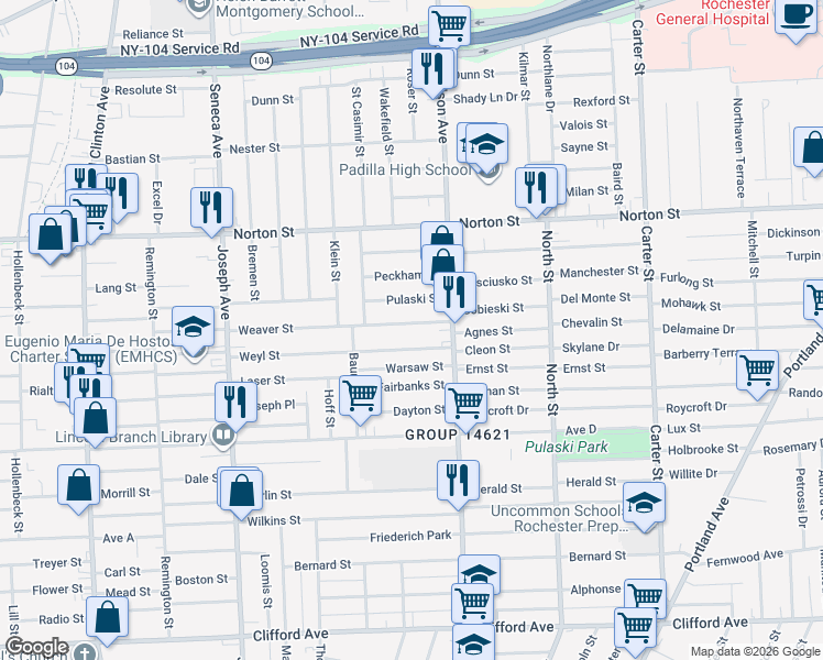 map of restaurants, bars, coffee shops, grocery stores, and more near 250 Weyl Street in Rochester