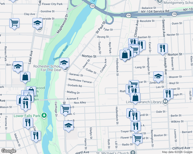 map of restaurants, bars, coffee shops, grocery stores, and more near 151 Saranac Street in Rochester