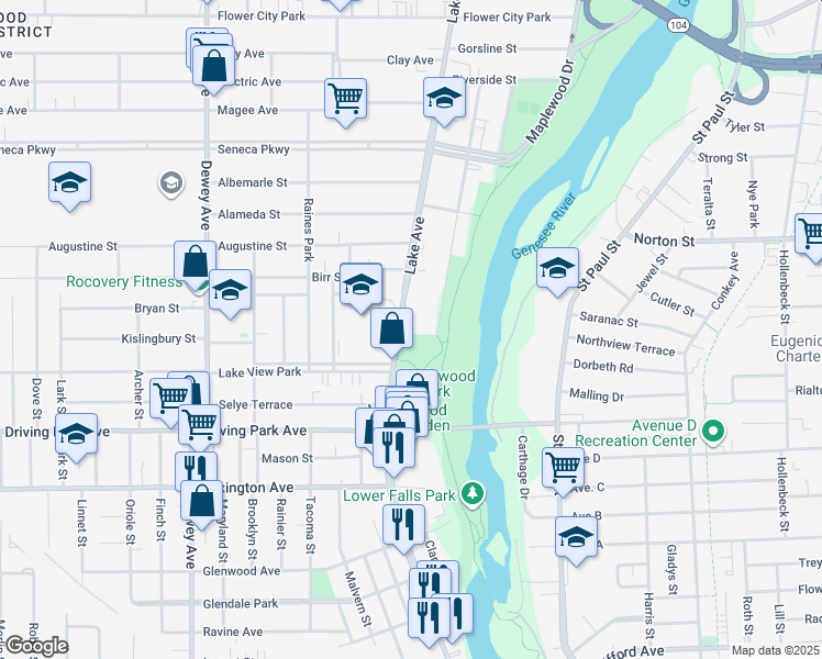 map of restaurants, bars, coffee shops, grocery stores, and more near 1006 Lake Avenue in Rochester