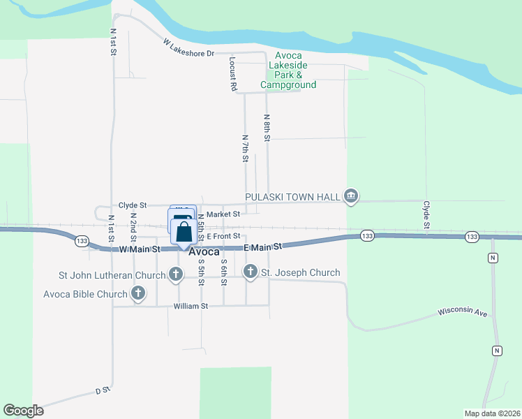map of restaurants, bars, coffee shops, grocery stores, and more near 705 Clyde Street in Avoca