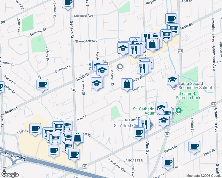 map of restaurants, bars, coffee shops, grocery stores, and more near 28 Bonavem Drive in Saint Catharines