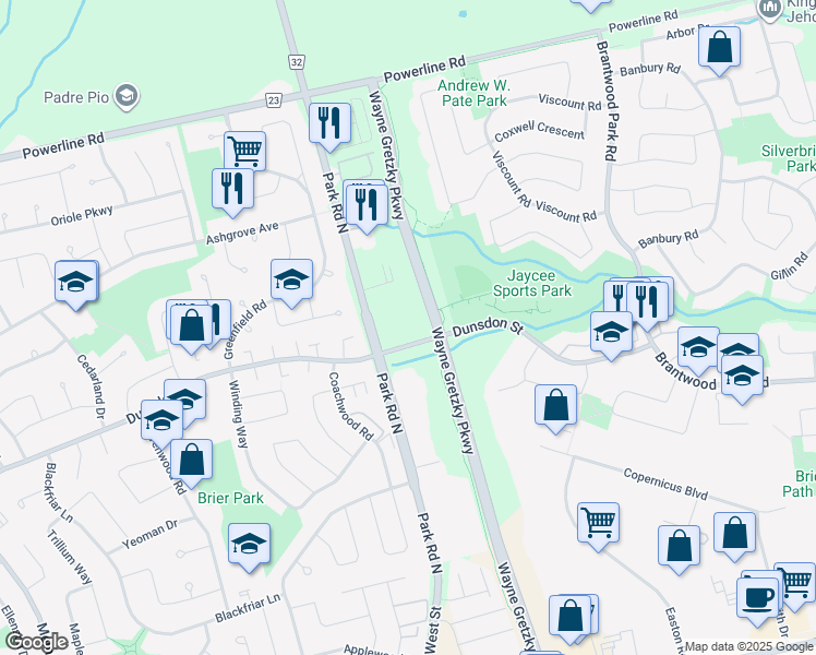 map of restaurants, bars, coffee shops, grocery stores, and more near 335 Dunsdon Street in Brantford