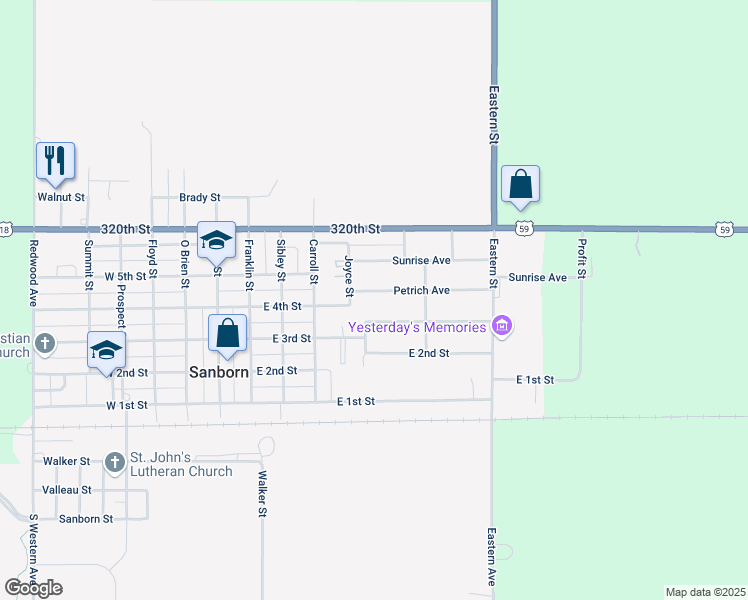 map of restaurants, bars, coffee shops, grocery stores, and more near 506 East 3rd Street in Sanborn