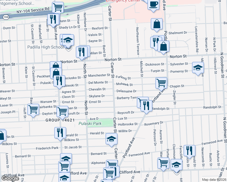 map of restaurants, bars, coffee shops, grocery stores, and more near Carter St & Delamaine Dr in Rochester