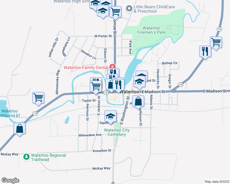 map of restaurants, bars, coffee shops, grocery stores, and more near in Waterloo