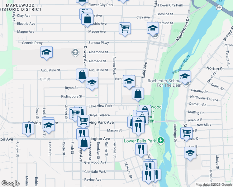 map of restaurants, bars, coffee shops, grocery stores, and more near 2 Fairview Heights in Rochester