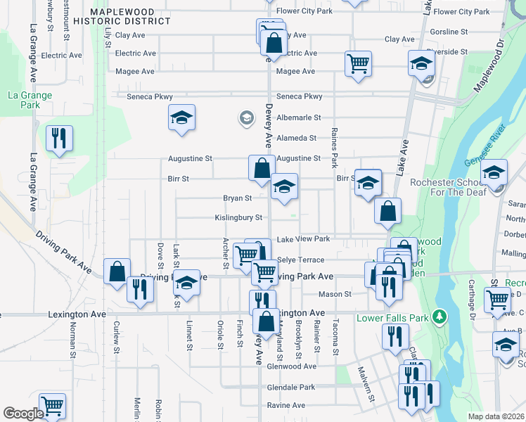 map of restaurants, bars, coffee shops, grocery stores, and more near 97 Kislingbury Street in Rochester