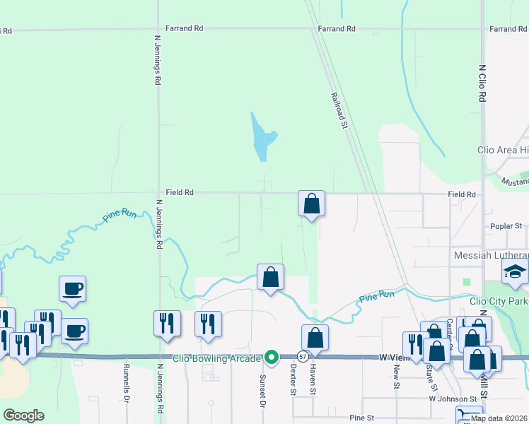 map of restaurants, bars, coffee shops, grocery stores, and more near 3337 Field Road in Clio