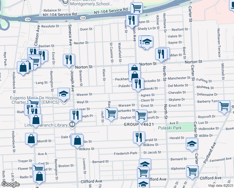map of restaurants, bars, coffee shops, grocery stores, and more near 194 Weyl Street in Rochester