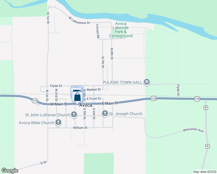 map of restaurants, bars, coffee shops, grocery stores, and more near 705 Clyde Street in Avoca