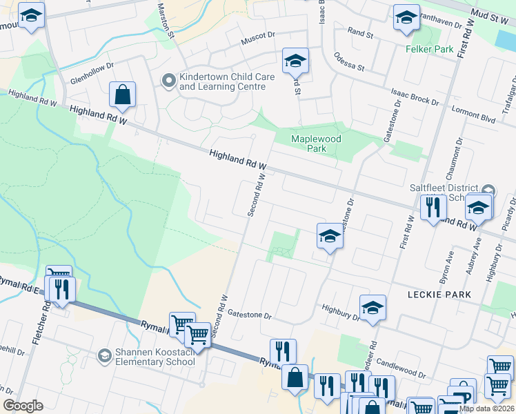 map of restaurants, bars, coffee shops, grocery stores, and more near 96 Second Road West in Hamilton