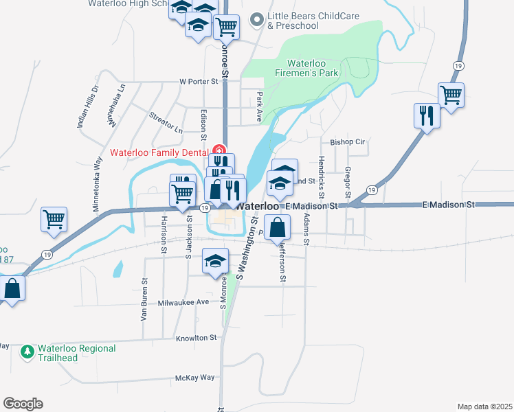 map of restaurants, bars, coffee shops, grocery stores, and more near in Waterloo