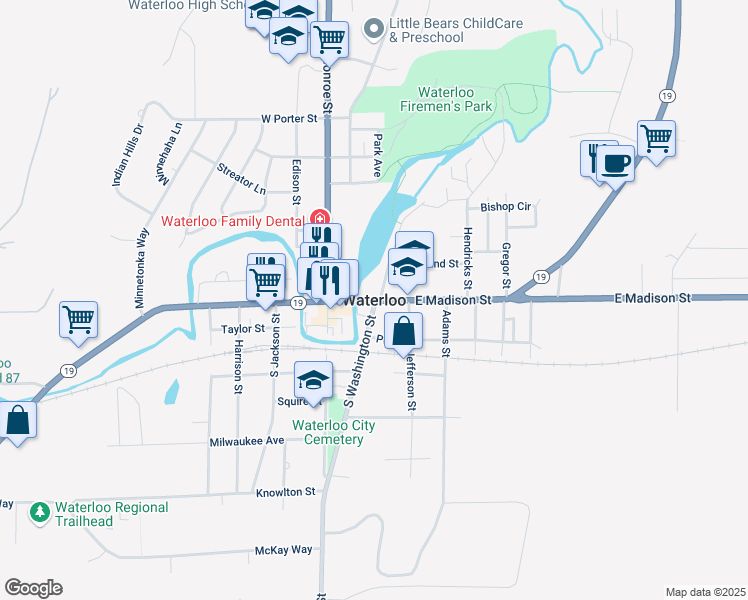 map of restaurants, bars, coffee shops, grocery stores, and more near in Waterloo