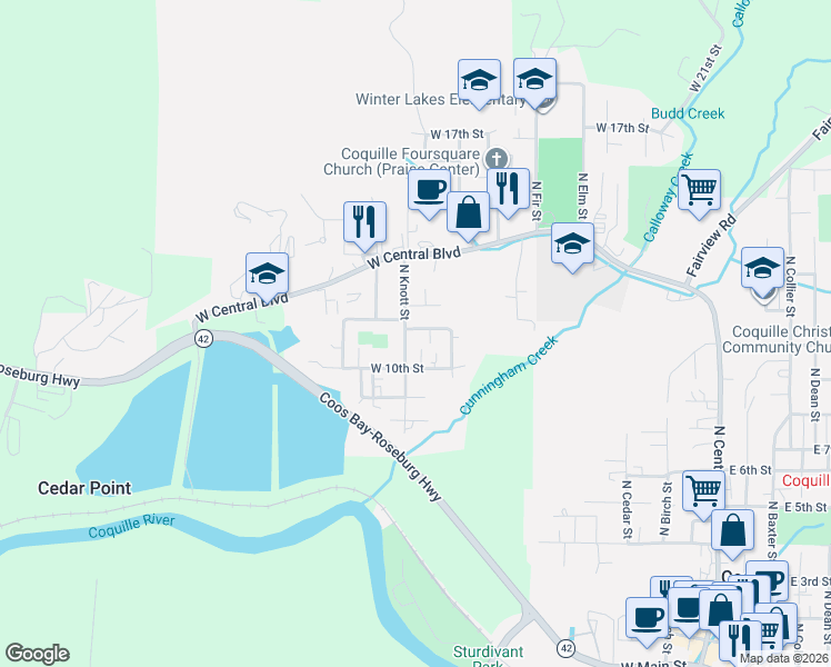 map of restaurants, bars, coffee shops, grocery stores, and more near 1095 West 11th Street in Coquille