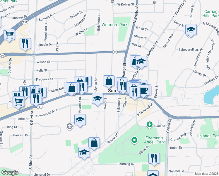 map of restaurants, bars, coffee shops, grocery stores, and more near 210 West Main Street in Sun Prairie