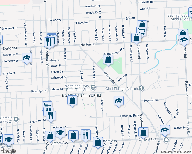 map of restaurants, bars, coffee shops, grocery stores, and more near 280 Fieldwood Drive in Rochester