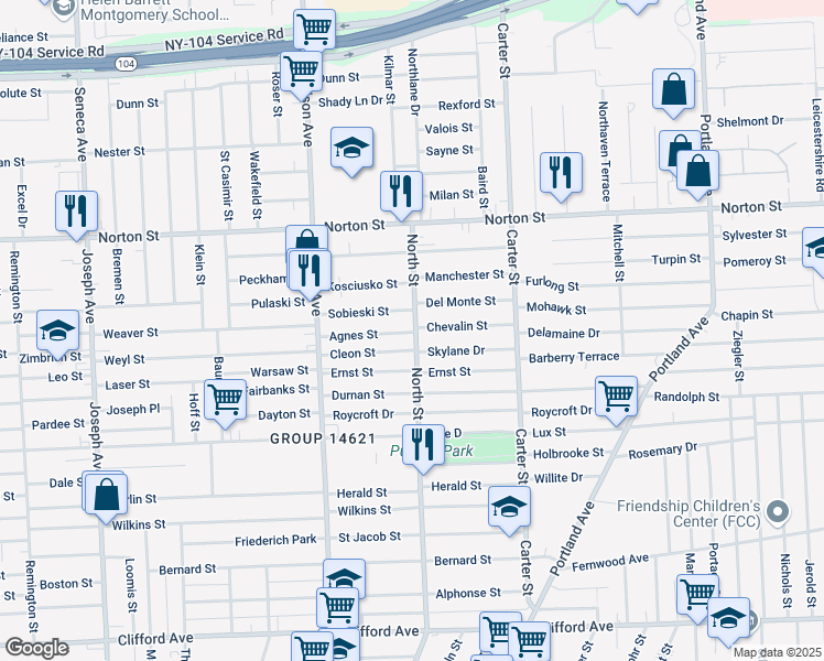 map of restaurants, bars, coffee shops, grocery stores, and more near 20 Skylane Drive in Rochester