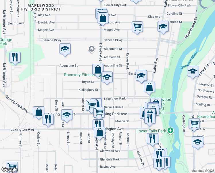 map of restaurants, bars, coffee shops, grocery stores, and more near 960-964 Dewey Avenue in Rochester