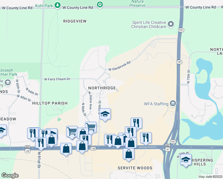 map of restaurants, bars, coffee shops, grocery stores, and more near 9045 North Northridge Mall Road in Milwaukee
